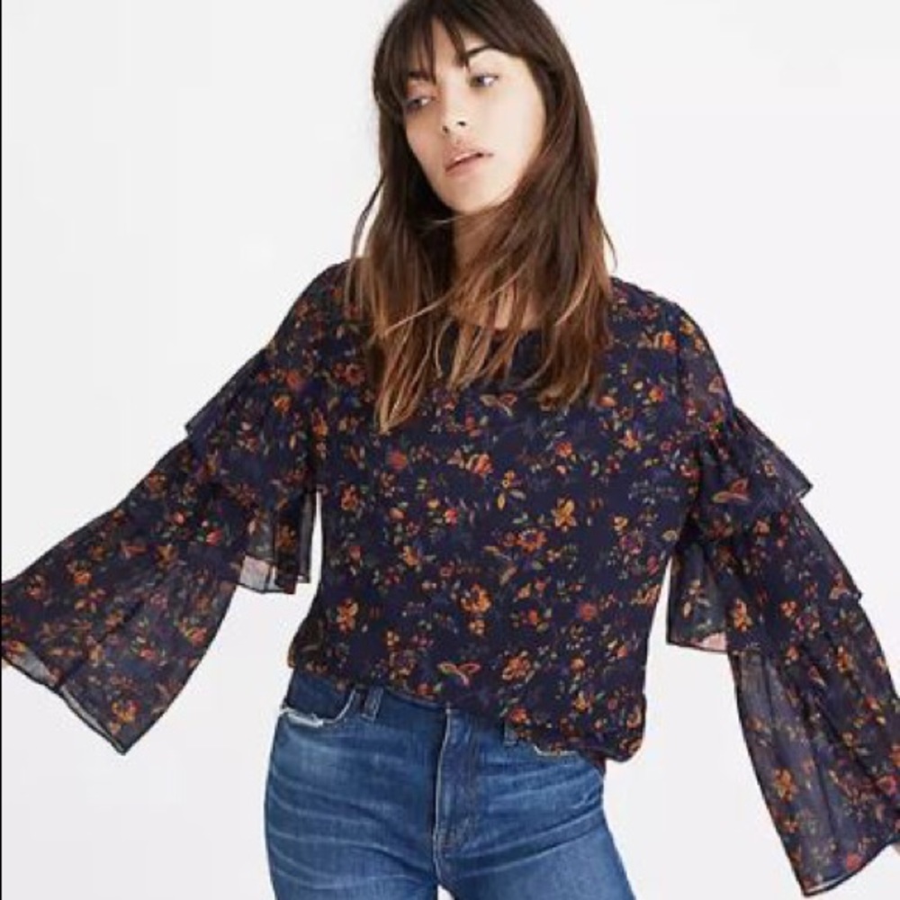 NEW Madewell Floral Ruffled Blouse in Navy